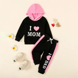 Girls Pink Heart Print Hoodie and Sweatpants