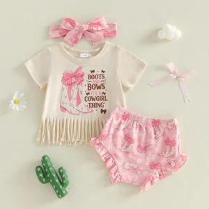 Toddler Girls Cowgirl Style Outfits Short Sleeve Fringe Tops Denim Shorts Cowboy Boots Print PP Shorts Headband Sets