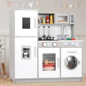 Wooden Kitchen Kids Pretend Play Kitchen Set Cooking Toys with Simulated Light and Sound Effects, Food,Cookware for Children